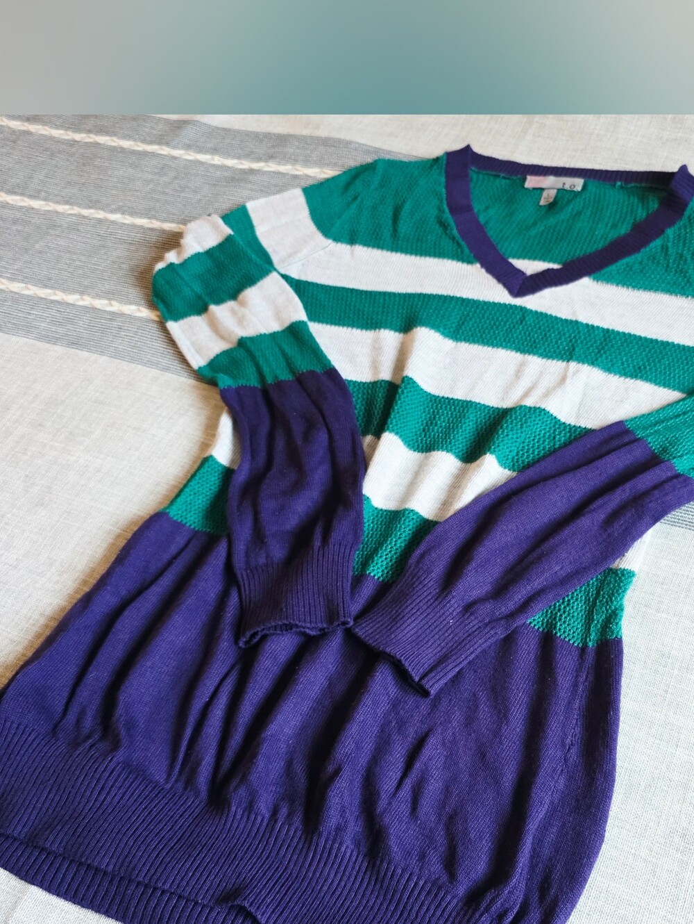 Green, White & Purple Striped V-Neck Sweater